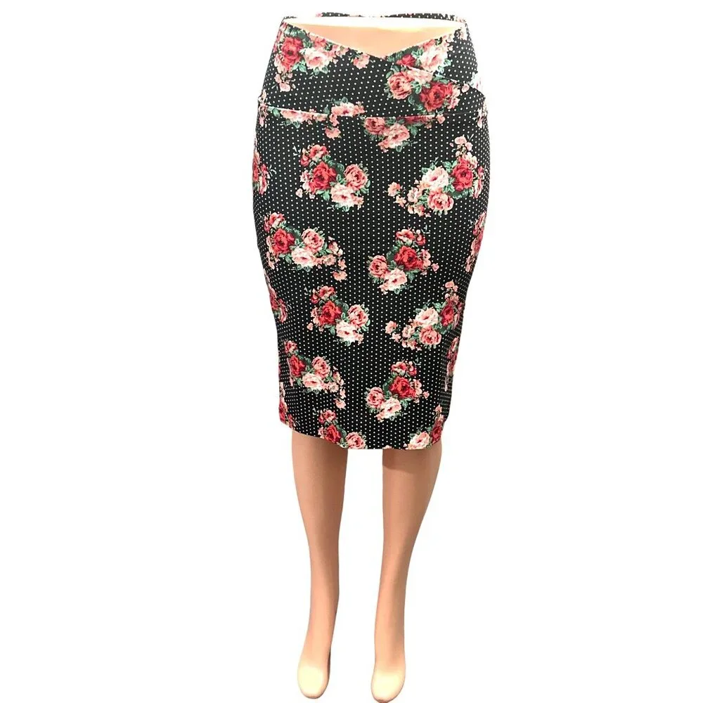 ABN Floral Pencil Skirt M Black White Dot High Waist Stretchy Retro Made USA - Picture 3 of 11